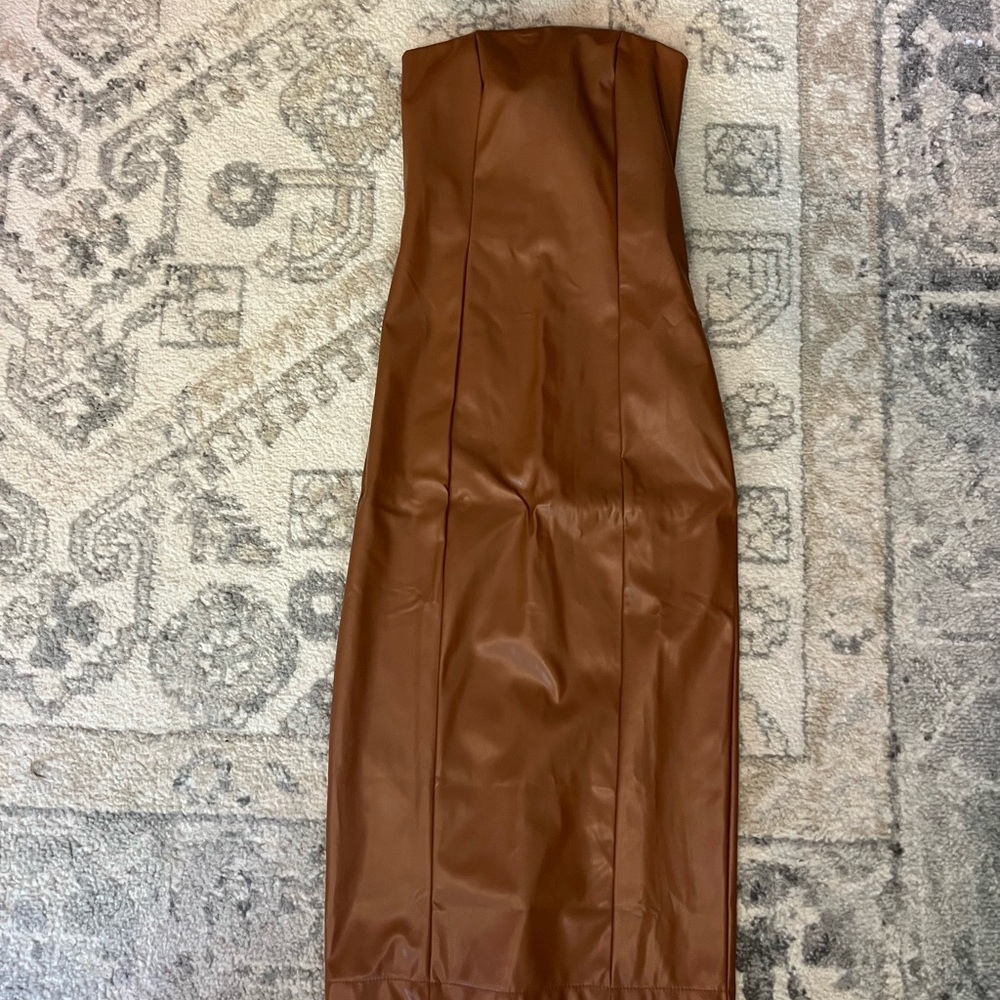 Faux Leather Brown Bodycon Club Dress Vegan Size S